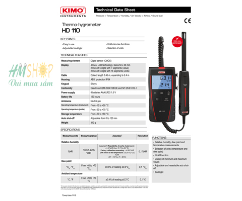 Máy đo nhiệt độ, độ ẩm, điểm sương cầm tay KIMO HD110 thông số