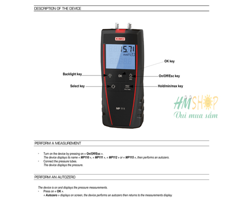 Máy đo áp suất chênh lệch cầm tay KIMO MP110 thông số